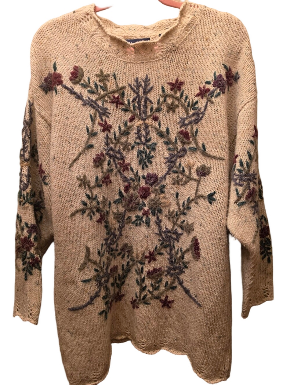 Vintage 90s Floral Embroidered Chunky Knit Sweater XL Cottagecore Art Knit